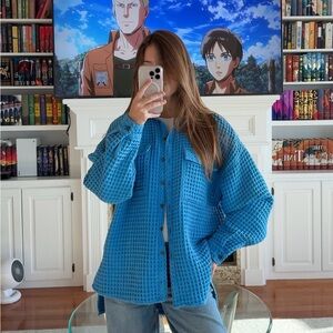 Blue Waffle Knit Button-Up Shirt Urban Outfitters